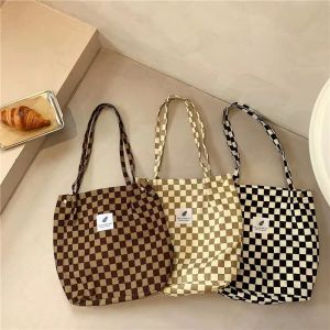 2026 NEW ARRIVAL Stylish checkered magnet lock corduroy minimalist canvas shoulder tote bag 012174