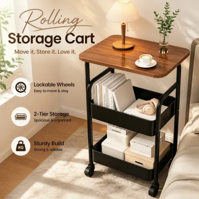 [Ready Stock] 3-Tier Movable Storage Cart with Wooden Top | Multi-purpose Utility Trolley Rack Organizer with Wheels