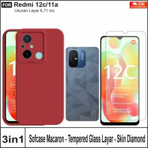 Paket 3in1 Casing Redmi 12c/11a Softcase Macaron Free Tempered Glass Layar Dan Skin Diamond