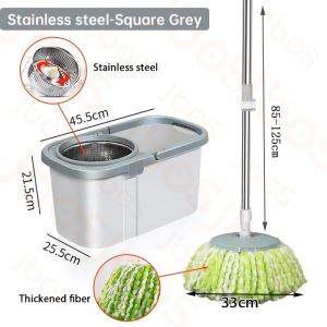 Mop With Spinner Metal Stainless steel bucket 360 Easy Rotating with drain cap Dual Drive Microfiber
