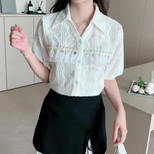 AMMIN 2025 Summer New Gentle Lapel Fashion Sweet Lace Ruffles Stitching Short Sleeve Commuter Chiffon Shirt Womens Korean Style Single Breasted Bubble Sleeve Elegant Blouse