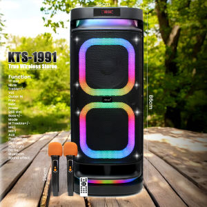 KTS-1991 Bluetooth Karaoke Speaker System with 2 Rechargeable Wireless Mics | TWS Stereo Deep Bass Disco LED Lights