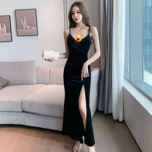 【Ready stock】 Gaun Tanpa Lengan Wanita Klub Malam dengan Bantalan Dada Seksi Belahan Samping Pertengahan Panjang yang Populer