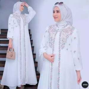 T & M-Savina Gamis Abaya Bordir 2 Layer Baju Lebaran Muslimah Terbaru Warna Putih Gamis Ceruty Bordir