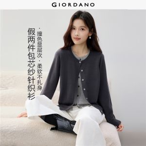 Giordano Beau Monde Women Fake two-piece contrast crewneck cardigan Free Shipping 13356753