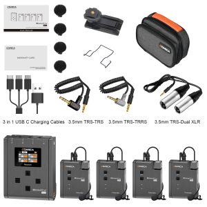 UHF Wireless Lavalier Microphone COMICA BoomX-U QUA 4-Channel Noise Cancellation 394ft Range Lapel Mic for Camera Camcorder YouTube Interview Filming Official Original