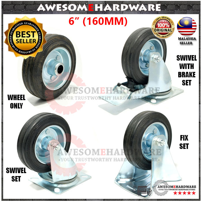 (6 INCH) DOCKER HERCULES 6" 160MM RUBBER CASTER WHEEL ROLLER RODA