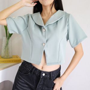 เสื้อคลุมสีพื้นแขนสั้นคอปกคอกลมกระดุม 2 เม็ดสไตล์วินเทจ