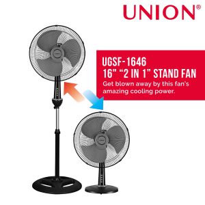 Union UGSF-1646 16" 2-in-1 Convertible Stand Fan with Precision Angled Blades & 3-Speed Push Button for Versatile Cooling Comfort