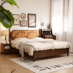 AUREO Vintage-Style Solid Wood Double Bed French R Bed American Upholstered Master Bedroom Bed