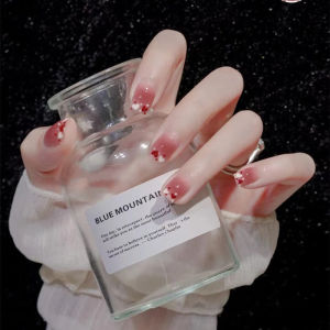Hiasan berbentuk hati berwarna merah muda kuku palsu + lem kuku palsu 24pcs+sebatang lem / Kutek Palsu / Kuku Tiruan / Nail Art Stiker / Kuku Buatan / Stiker Kuku Impor