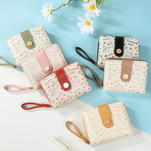 LANGJ พียู PU กระเป๋าสตางค์แมวสาวน่ารัก กันน้ำกันน้ำได้ ช่องเสียบการ์ดหลายช่อง กระเป๋าสตางค์มีซิป ปุ่มปุ่มสำหรับผู้หญิง สีลูกอมสี กระเป๋าเงินนักเรียนใบสั้น สำหรับผู้หญิง