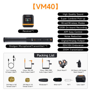 Comica vm40 2.4G siêu hình tim không dây shotgun micro chuyên nghiệp 3.5mm & micrô USB cho quay video phát trực tiếp báo cáo micro cầm tay với cánh tay đứng Màn hình LCD khung chống sốc windscreene cho máy ảnh điện thoại thông minh máy tính