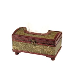 BLACKON Vintage Royal Style Wooden Tissue Box Treasure Chest Design Floral Embossed Napkin Paper Organizer Elegant Raised Feet Tissue Case Dinning Table