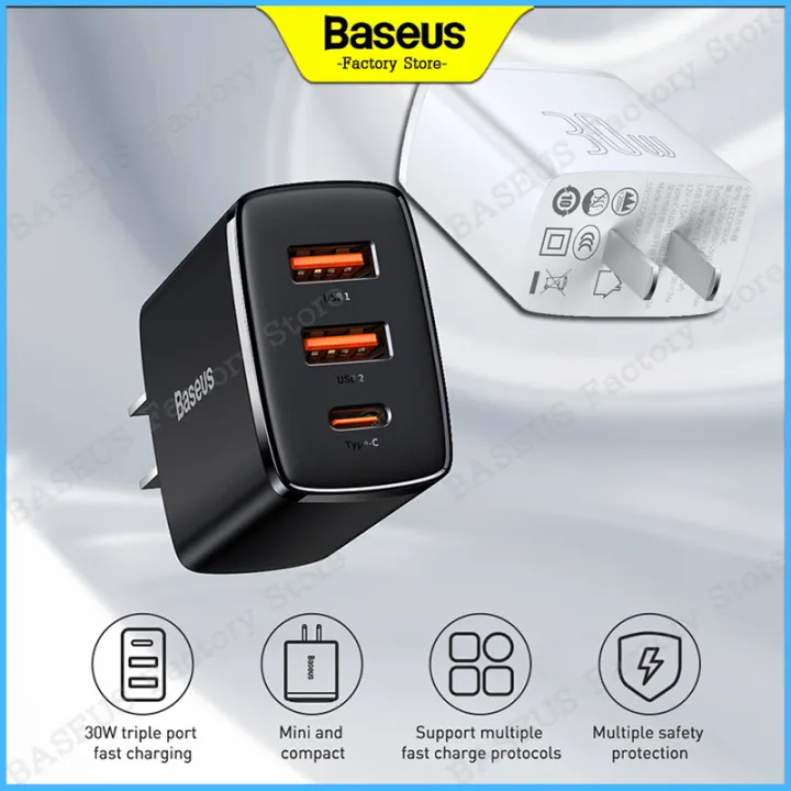 Baseus 30W Compact Quick Charger Dual USB + Type C PD3.0 QC3.0 CN/EU Plug Mini Fast Chaging Adapter Travel Wall Charger