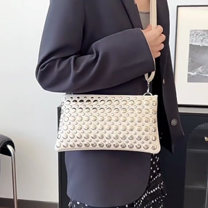 Womens Leather Shoulder Bag Fashion Clutch Handbag Crossbody Bag with Strap Women Punk Rivets Handbag Purse Clutch