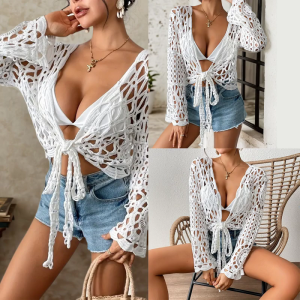 Phụ nữ bộ đồ tắm Bìa up chạm khoét áo hở eo trắng bãi biển Bìa up dài tay áo hàng đầu áo tắm Bìa up cho beachwear