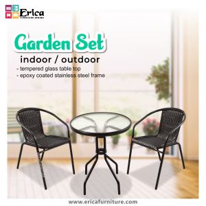Erica (1+2) Garden Set / Glass Table / Waterproof Quality / Garden Set / 1 Table with 2 Chairs / 1 Table with 4 Chairs / Set Kerusi Meja Outdoor / Meja Outdoor