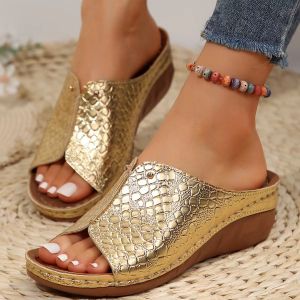 Free Shipping New Plus-Size Thick-Soled Wedge-Heeled Slippers For Women Featuring A Stone-Patterned Design Casual Style And A Solid Color With An Open-Toe Design