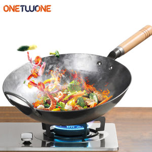 Onetwone Handmade Iron Pans Chinese Traditional cast Iron Wok Cooking Pot Professional Chef Pan with Wooden Handle Non-coating Gas Cooker Cookware for Restaurant