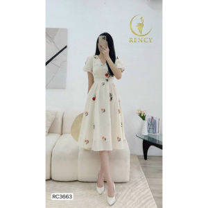 Đầm hoa cổ V tay phồng ngắn nút bọc trước dáng váy dài xoè chất vải XỐP HOA CAO CẤP 2lớp thời trang nữ mặc đi chơi xinh