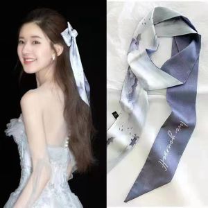 Reben Rambut 国风水墨油画细窄长丝巾 Chinese Ink Painting Skinny Scarf 绑发发带马尾飘带编发丝带领巾 Hair Scarf Accessories