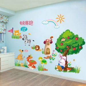 Decal dán tường tranh dán tường thú qua sông và thỏ ngồi gốc cây( tranh ghép)
