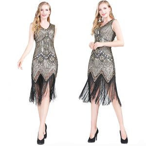 Lesvago 1920s Vintage Flapper Great Gatsby Party Dress V-Neck Sleeveless Sequin Beaded style Style Tassel Vestidos Feminina 1920