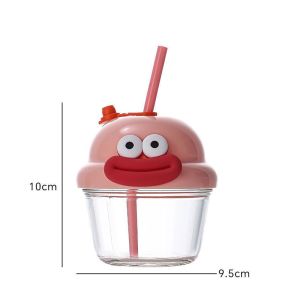 Seeko 210ml Mini Glass Cup with Lid and Straw Cartoon Glass Milk Juice Cup