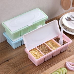 4 Grid Seasoning Box Set Condiments Spice Containers with Spoon Kitchen Seasoning Organizer Box Jar Set