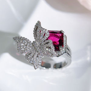 Sequito Phụ Nữ Cá Tính trang sức ngón tay Phụ Kiện vàng trắng Màu Sắc Pave Thiết Red Hình Học AAaaa Zirconia hình con bướm nhẫn có thể điều chỉnh Sr152