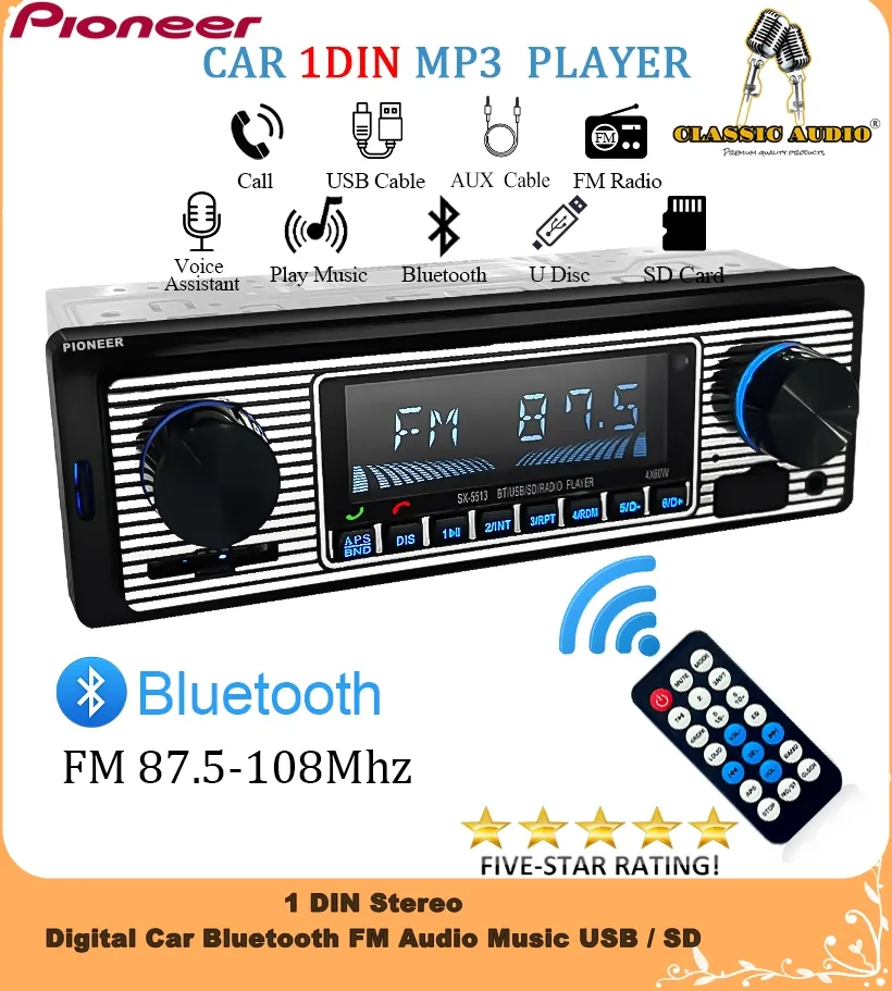 Pioneer Car Radio 1 DIN Stereo Digital Car Bluetooth FM Audio Music USB /  SD Super Heavy Duty with In Dash AUX Input 12V MP3 Multimedia, Classic  Audio (Original)