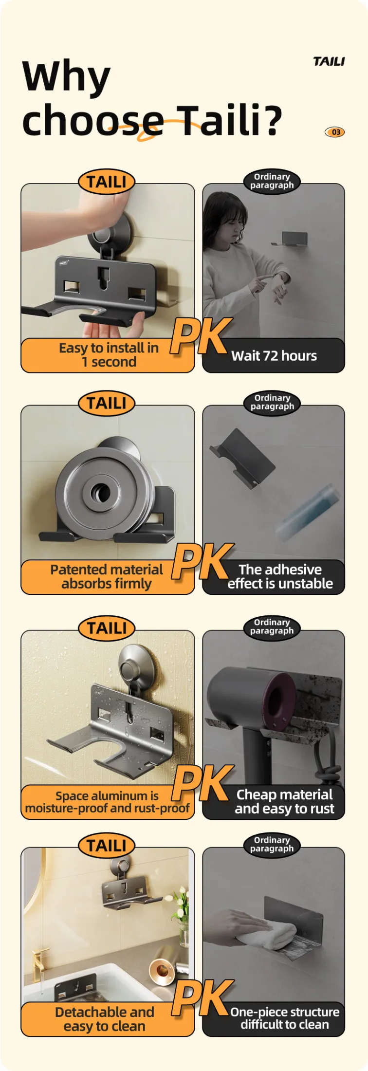 Description Picture 6 of itemTAILI Suction Cup Hairdryer Holder No Drill Organizer Bathroom Shelf Dryer Straightener Stand Holder Shelf Bathroom Accessories