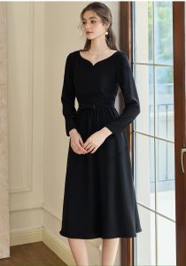 Váy Đầm Dáng Xòe Cổ Tim Tay Dài Thanh Lịch Nơ Eo