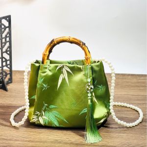 Bamboo-handle vintage brocade handbag Hanfu-style pearl crossbody bag Chinese-style bag cheongsam bag for mom