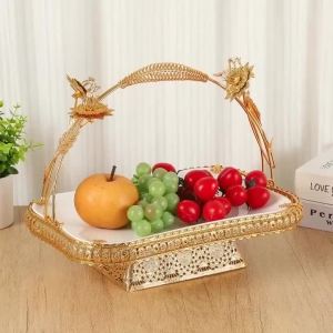 FFBH Metal Fruit Bowl European Luxury Fruit Basket Handle Ceramic Tray Snack Plates Beautiful Tableware Table Decoration Accessories R7Q2P