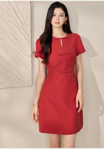 Váy công sở dáng suông chữ A cách điệu cổ tàu màu đỏ