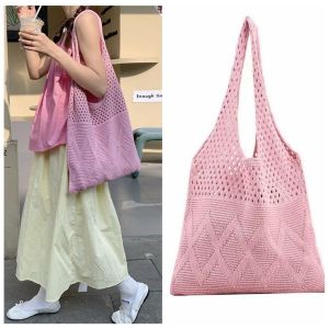 XUNXUAN กระเป๋าสะพายไหล่แบบสั้น กระเป๋าถักนิตติ้ง ถุงช้อปปิ้งถุง ผ้าทอทอ กระเป๋าโท้ทโครเชต์ ลำลองแบบสบายๆ จุได้มาก กระเป๋าสานทอ สาวๆ