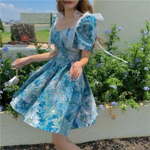 #COD Blue Floral Dress for Women Square Neck Bow Strap Puff Sleeves Princess A-line Cotton Fluffy Loose and Comfortable Dress