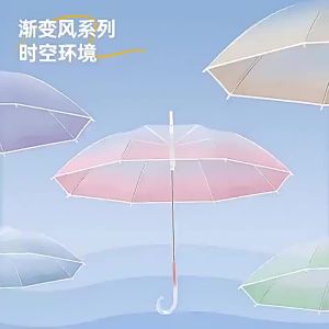 [SG Seller]Transparent Gradient Color Umbrella Long J‑Hook Handle Lightweight Fashion Rain Umbrella for Daily Commute