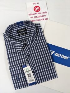 [Việt Tiến Sale] Sơ Mi Dài Tay - Slim Fit - Vạt Bầu - Kẻ caro ô vuông xen kẽ màu trắng xanh navy - size 42 (lẻ size)