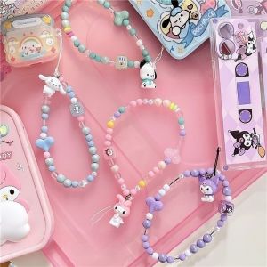 Sanrio Hello Kitty Cute Phone Lanyard Cartoon Kuromi My Melody Pochacco Beaded Phone Chain Creative Cute Handstring Phone Case Accessories