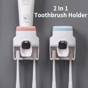 Anglebabylife Wall Mount Automatic Toothpaste Dispenser Bathroom Accessories Creative Waterproof Lazy Toothpaste Squeezer Toothbrush Holder