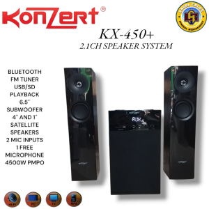 KonZert KX-450+ 2.1CH Speaker System with Bluetooth FM Tuner USB/SD Playback Subwoofer 6.5" 4" and 1" Satellite Speakers 2 Mic Inputs 1 Free Microphone 4500W PMPO