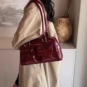 Korean Style Bow Shoulder Bag Women Solid Color PU Large Capacity Handbag Sweet Style Bowknot Underarm Bag Double Pocket Design Bowling Bag