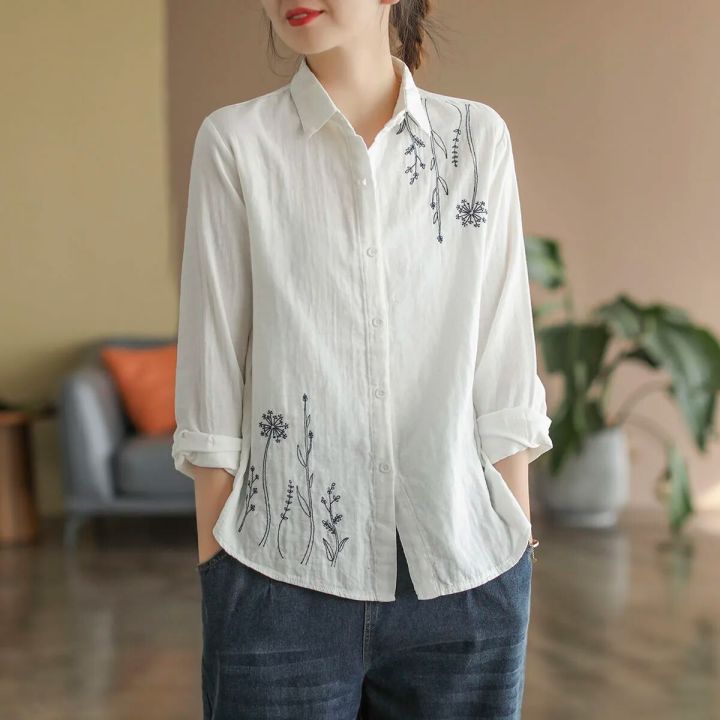 Cotton Women's Shirt Embroidery Elegant Blouse Long Sleeve Top Vintage  Clothing Button Up White Shirts Ladies Office Outfit 2023 Lazada PH