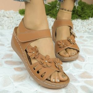 Free Shipping Plus-Size Sandals 2026 Summer Collection Featuring A Wedge Heel Floral Embellishments A Thick Sole Velcro Straps And An Open-Toe Design Perfect For The Beach