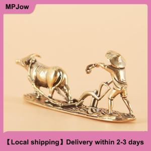 【Local shipping】 1 Piece Vintage Home Ornament Collection Of Tea Pet Brass Carving Handholds Metal Crafts Old Farmer And Cow Living Room Decoration