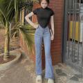 Quần bò jean nữ dáng dài ống loe bass 1 nút lai to 3 phân co giãn nhẹ tôn dáng Women Pants Ong Voi. 