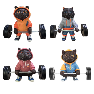 Cute Fitness Cats Sculpture Fitness Cats Figurines Decoration Cats Lifting Barbell Indoors Offices Desk Bookshelf Decoration